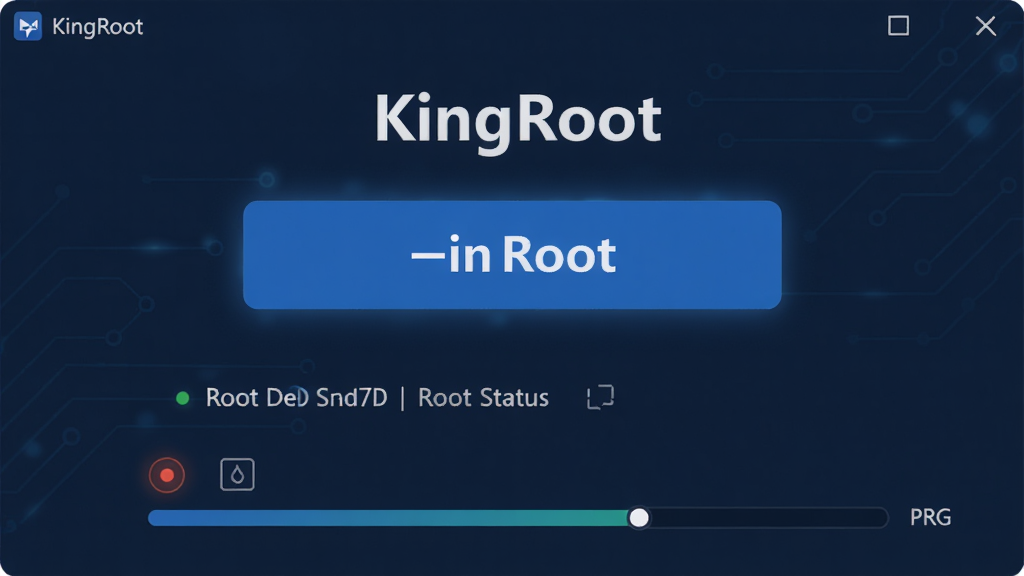 KingRoot软件主界面截图,展示一键Root按钮与设备状态信息,布局简洁清晰,以深蓝色为主色调,风格现代科技感,细节包含设备型号、Root状态指示灯、进度条元素,画质高清干净无多余元素