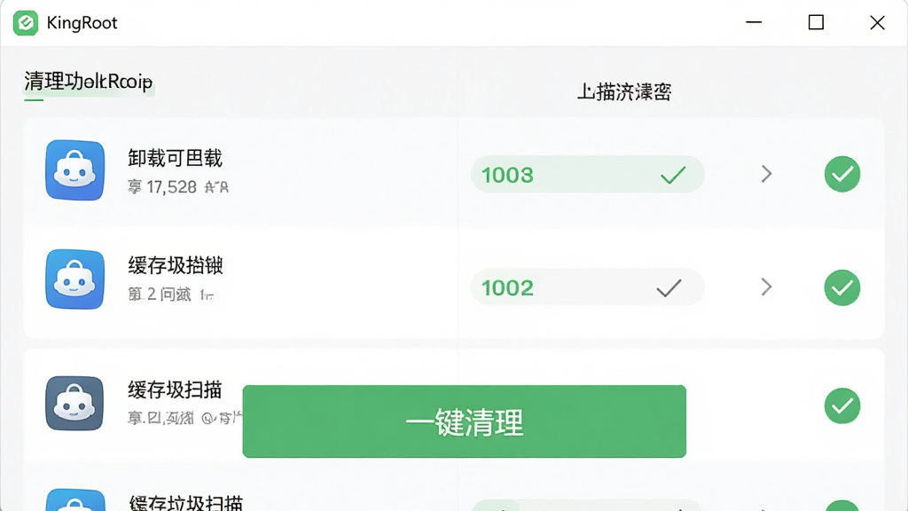 KingRoot软件清理功能界面,展示可卸载应用列表与缓存垃圾扫描结果,布局为列表形式,风格清爽简洁,细节有“一键清理”按钮与绿色勾选图标,画质干净无多余元素