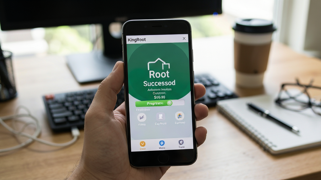 KingRoot软件在手机上的实际使用场景,展示操作界面与进度条,背景为办公桌,布局自然,风格写实,细节包含手机屏幕显示Root成功字样,画质清晰干净