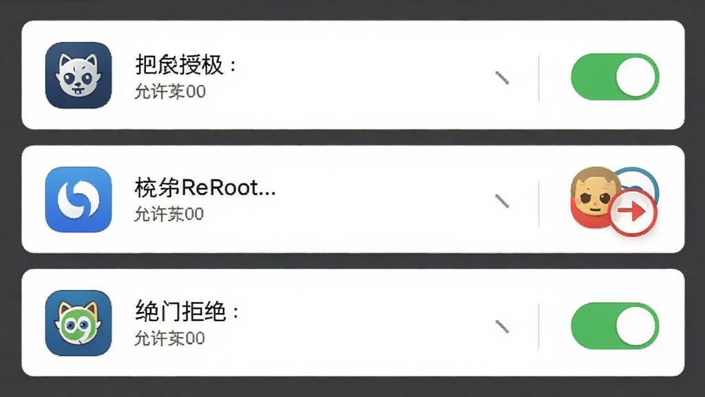 KingRoot软件权限管理界面,展示应用授权列表与开关按钮,布局为卡片式设计,风格简约,细节有应用图标与“允许”“拒绝”选项,画质高清无多余元素