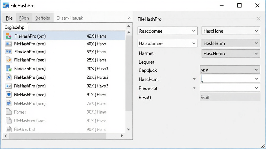 FileHashPro主界面展示,一个简洁的Windows桌面软件窗口,左侧为文件列表区域,右侧显示哈希算法选项和计算结果,整体采用浅色商务风格,布局清晰,文字标签为“FileHashPro”,画质干净,无多余元素