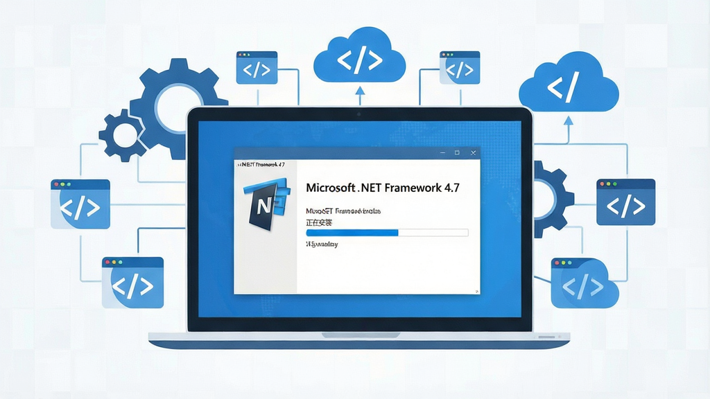 ���壺һ̨�ִ����ʼǱ�������Ļ��ʾ��Microsoft .NET Framework 4.7����װ���棬��Χ�����ų��֡�������ź��ƶ�ͼ�ꣻ���֣����й�ͼ������λ���Ӿ����ģ�ͼ�껷�����ܣ��Ű棺�������������������ֲ���΢���źڣ���񣺿Ƽ��С���ƽ����ơ�������ɫ����ϸ�ڣ���Ļ�еĽ�������ʾ�����ڰ�װ����������΢�����������������ʣ�8K���壬�ɾ����޶���Ԫ��