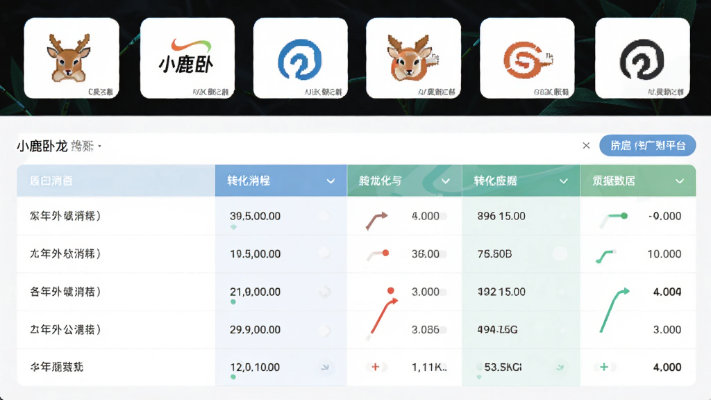 小鹿卧龙推广账户报告多渠道管理界面:多平台logo排列在顶部,下方统一展示各账户消耗与转化数据,表格整齐,配色清爽,风格专业化,画质高清,无多余元素