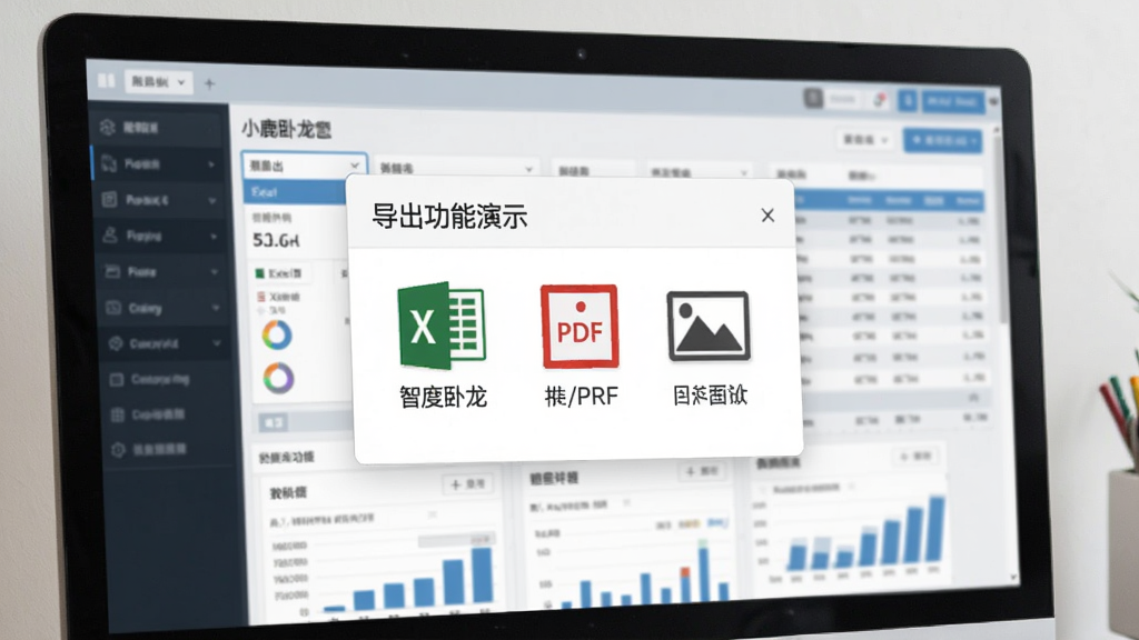 小鹿卧龙推广账户报告报表导出功能演示:电脑屏幕上显示导出选项菜单,包含Excel/PDF/图片图标,背景为数据报表缩略图,界面友好,风格实用,画质干净清晰