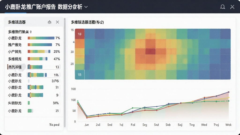 小鹿卧龙推广账户报告数据分析图表:多维筛选器在左侧,右侧展示热力图与趋势线,色彩过渡自然,布局合理,风格简约商务,细节丰富,画质清晰