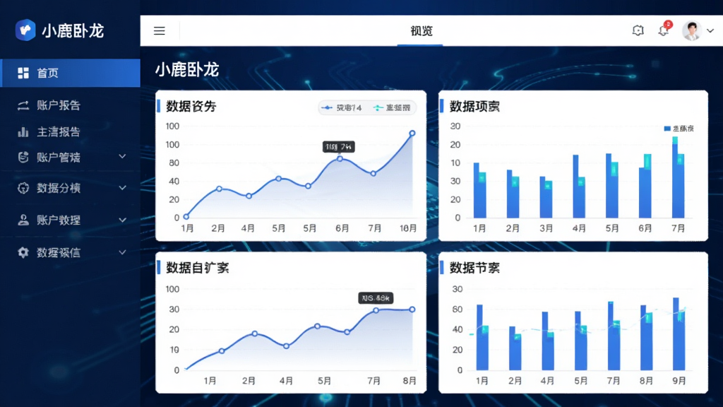 小鹿卧龙推广账户报告软件主界面预览图:深蓝色科技感背景,左侧功能导航栏,右侧展示多维数据图表,包含折线图与柱状图,整体布局简洁明亮,风格现代商务,细节丰富,画质清晰干净,无多余元素