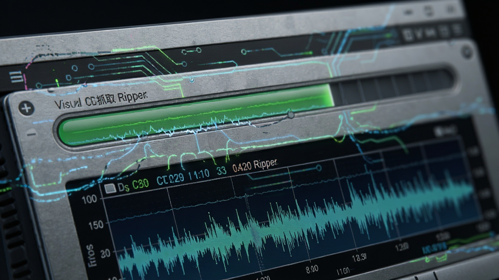 Visual CD Ripper 音频抓取过程特写,展示高精度读取数据的进度条与波形分析图,界面细节丰富,科技感十足,画质清晰,无多余元素