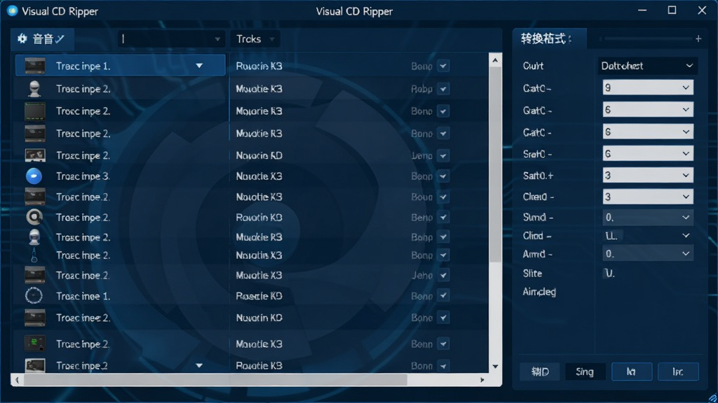 Visual CD Ripper 软件主界面预览图,展示简洁清晰的音轨列表与转换设置面板,界面采用深蓝色科技感主题,布局规整,左侧为音轨信息,右侧为输出格式选择区,画质干净,无多余元素