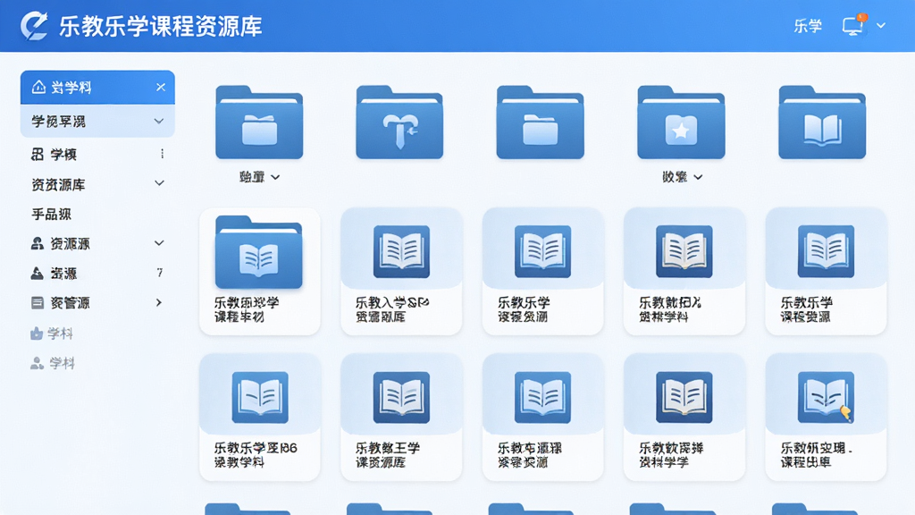 乐教乐学课程资源库界面,展示分类排列的学科文件夹与资源卡片,画面以蓝色为主色调,图标精致,排版整齐,文字清晰,画质干净