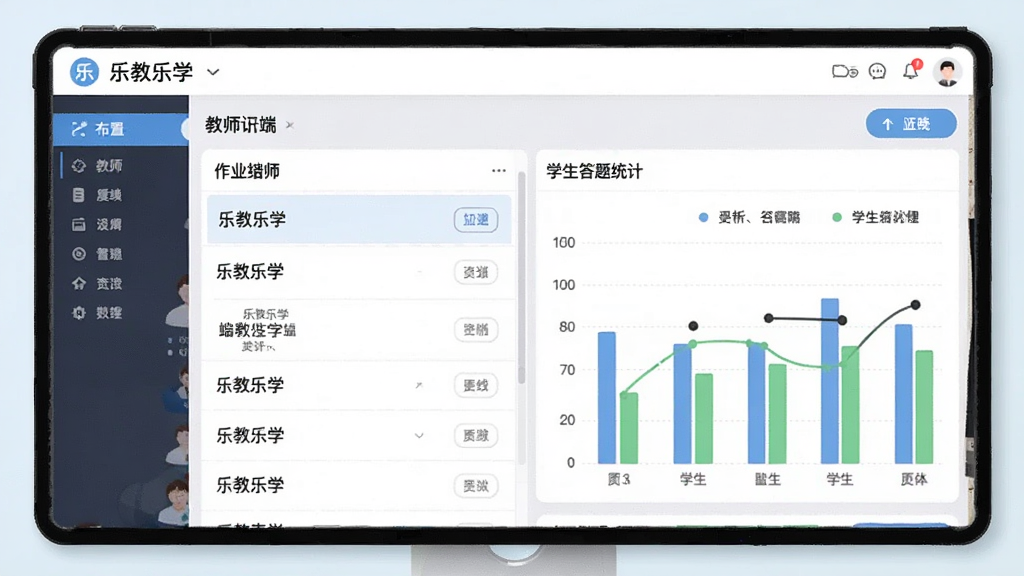 乐教乐学作业布置与批改界面,展示教师端作业列表与学生答题统计图表,界面清晰直观,色彩清爽,文字可辨,画质高清