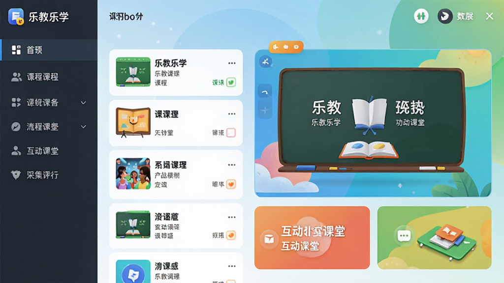 乐教乐学软件主界面预览图,展示课程列表与互动课堂功能,左侧导航栏清晰,右侧内容区色彩明快,整体风格简洁现代,画质干净高清,无多余元素