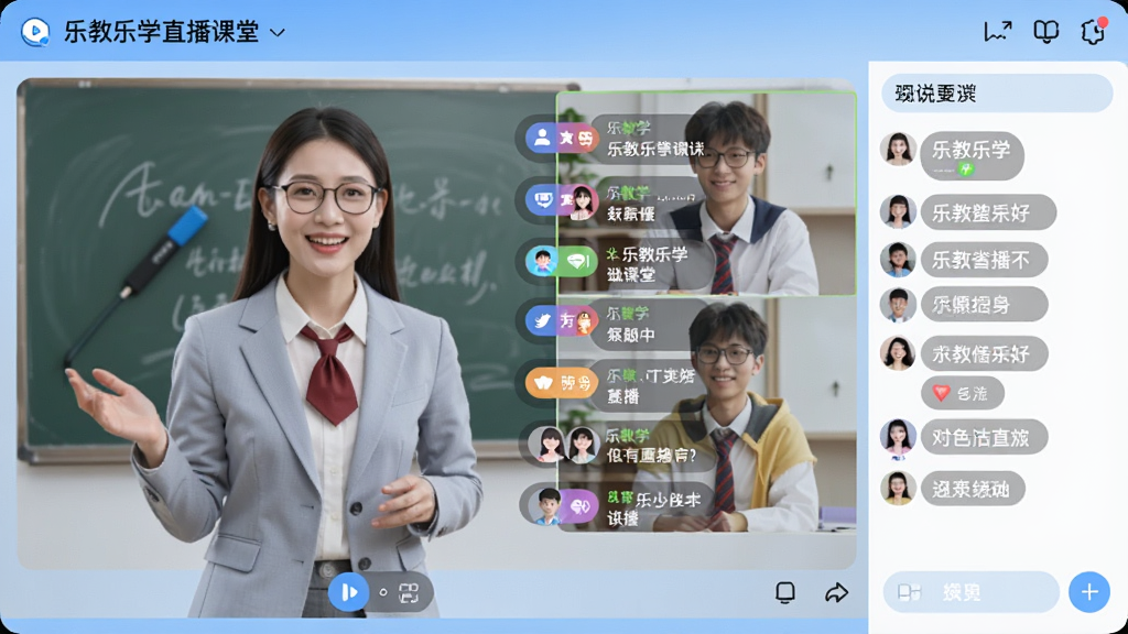 乐教乐学直播课堂界面,显示教师授课画面与学生互动弹幕,右侧有聊天区域,整体界面友好,画质干净明亮