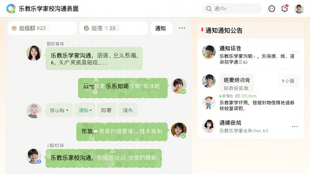 乐教乐学家校沟通界面,展示班级群聊窗口与通知公告栏,头像清晰,消息排列有序,色彩温和,画质干净