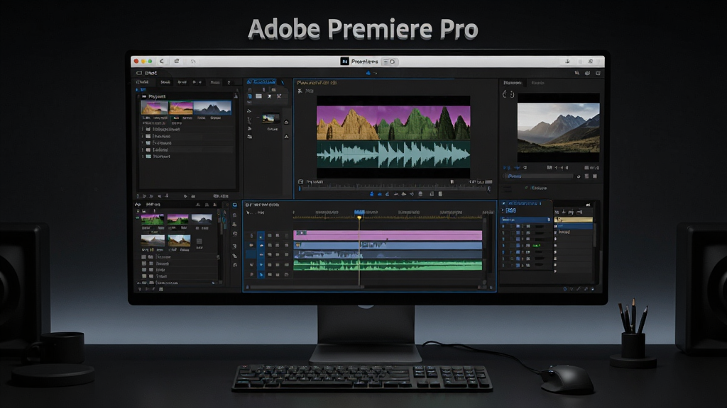 ���壺Adobe Premiere Pro���������ڵ�����Ļ��չʾ����Χ����Ƶ�زĹ����ʱ���ߡ�Ԥ�����ڡ����֣�������У�����Ϊ��ɫ����̨���������Ŀ��壬�Ҳ���Ч���ؼ����Ű棺����ɾ����࣬���֡�Adobe Premiere Pro����ʾ����Ļ���붥��������ִ��Ƽ��У�дʵ���ϸ�ڣ���Ļ����ʾ��ɫ��ƵƬ�κͲ���ͼ������������Աߡ����ʣ�8K�����壬ϸ�ڷḻ���ɾ��޶���Ԫ�ء�