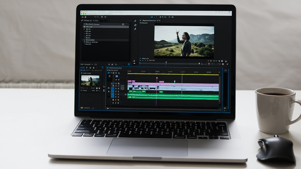 ���壺Adobe Premiere Pro���������ڱʼǱ������ϣ���Ļ��ʾ�������棬�Ա������Ϳ��ȱ������֣��ʼǱ�λ�ڻ������룬��Ļ���������ɼ����Ű棺�����࣬ͻ���������档�������칫������ϸ�ڣ���Ļ����ʱ���ߺ�Ԥ�����棬�������п�ݼ���ǩ�����ʣ����壬�ɾ��޶���Ԫ�ء�