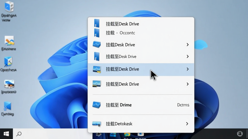 主体:Windows桌面右键菜单展开,菜单项中高亮显示“挂载至Desk Drive”选项,布局:菜单列表垂直排列,鼠标指针悬浮在选项上,排版:菜单背景为白色,文字为黑色,风格:真实Windows 11风格,细节:菜单项带有小图标,背景为桌面壁纸,画质:高清,干净,无多余元素