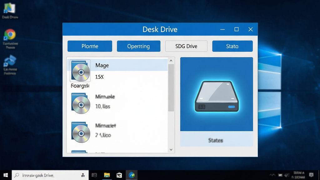 主体:Desk Drive软件界面悬浮在Windows桌面背景上,界面显示虚拟光驱加载ISO镜像文件的操作面板,布局:界面居中,左侧为镜像文件列表,右侧为虚拟光驱状态图标,排版:清爽的上下结构,上方标题栏写着“Desk Drive”,下方为按钮与列表,风格:现代扁平化设计,蓝白配色,细节:光驱图标高亮,镜像文件图标带有光盘纹理,画质:4K超清,干净,无多余元素
