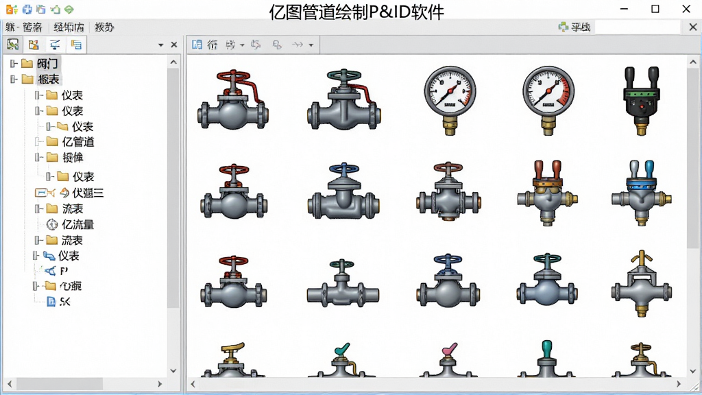展示亿图管道绘制P&ID软件的符号库面板,左侧分类树中展开“阀门”和“仪表”目录,右侧展示多个彩色符号图标,包括球阀、闸阀、压力表、流量计等,符号绘制精细,排列整齐,界面背景为浅灰色,整体风格简洁,画质清晰,无多余元素,软件名称“亿图管道绘制P&ID软件”显示在面板顶部。