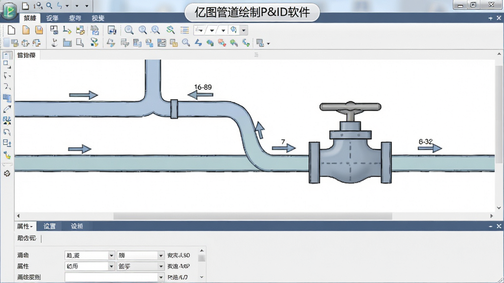 展示亿图管道绘制P&ID软件中智能连线功能的应用场景,画布上有两条管道自动连接并避开一个阀门图标,管道线条流畅且带有流向箭头,界面下方显示属性设置面板,整体风格专业,画质清晰,色彩柔和,无多余元素,软件名称“亿图管道绘制P&ID软件”以标签形式出现在工具栏上方。