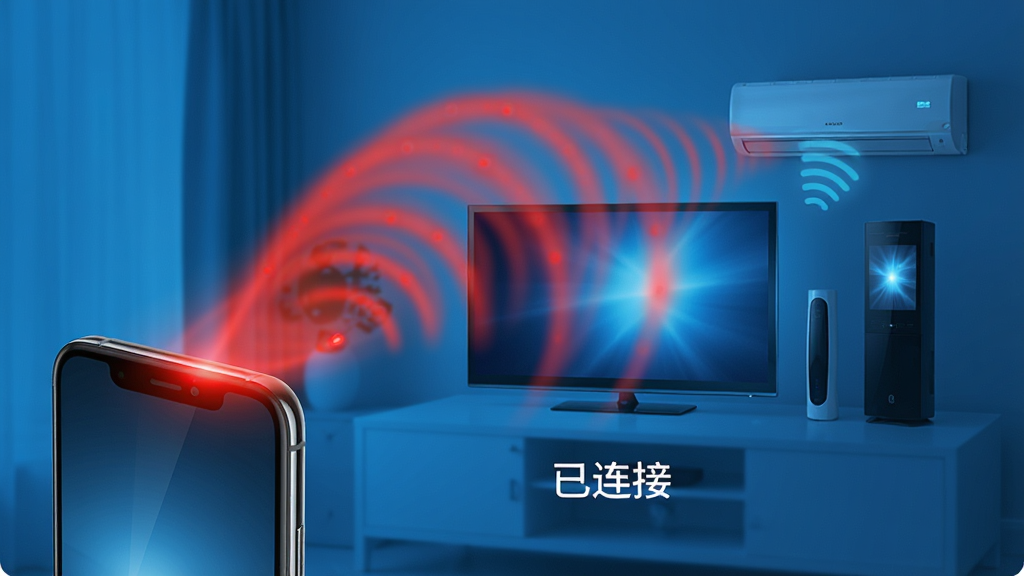 主体:手机顶部发射红外线,对面是电视、空调等设备响应,布局:手机在左侧,设备在右侧,中间有红外线光波,排版:设备下方显示“已连接”字样,风格:科技蓝光、动态感,细节:红外线呈弧形扩散,设备屏幕亮起,画质:高清渲染,干净,无多余元素