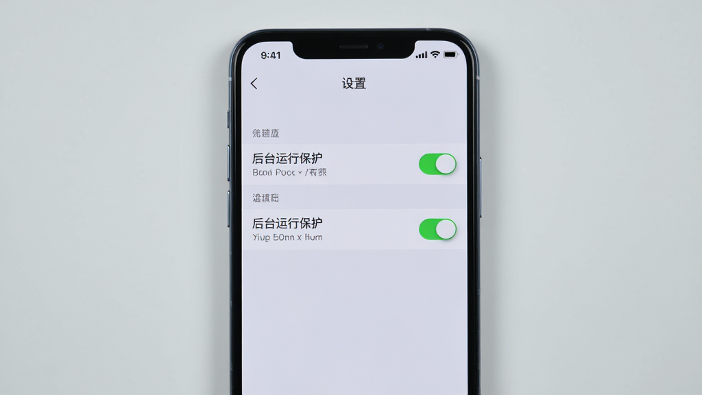 主体:手机屏幕显示“设置”页面,有“后台运行保护”开关,布局:手机居中,背景为浅灰色,排版:设置项列表,开关为绿色,风格:简洁、清晰,细节:开关高亮,文字说明,画质:高清,干净,无多余元素