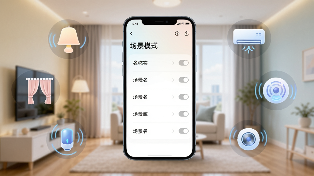 主体:手机界面显示“场景模式”设置,背景为智能家居全景,布局:手机在中央,周围环绕灯光、窗帘、空调等图标,排版:场景名称列表,右侧有开关按钮,风格:极简、柔和色彩,细节:设备图标带有动态效果,画质:清晰,干净,无多余元素
