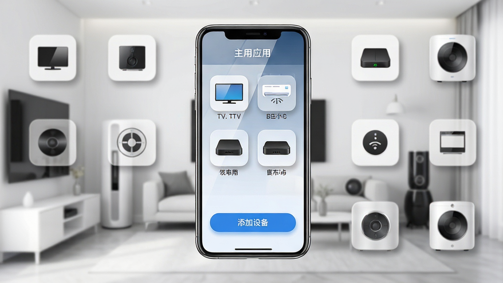 主体:遥控豆应用在手机屏幕上显示主界面,背景为现代简约客厅,手机悬浮于中央,屏幕中展示电视、空调、机顶盒等多个设备图标,布局:手机居中,周围环绕各种家电设备,排版:设备图标整齐排列,下方有“添加设备”按钮,风格:科技感、明亮、干净,细节:手机屏幕反光,图标带有微阴影,画质:4K超清,干净,无多余元素