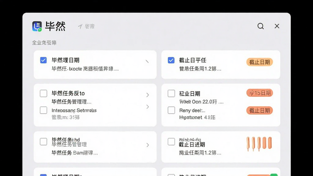 毕然任务管理功能截图,展示列表式任务卡片,带有复选框和截止日期标签,背景为淡灰色,突出“毕然”品牌标识,界面清爽,排版整齐,画质清晰
