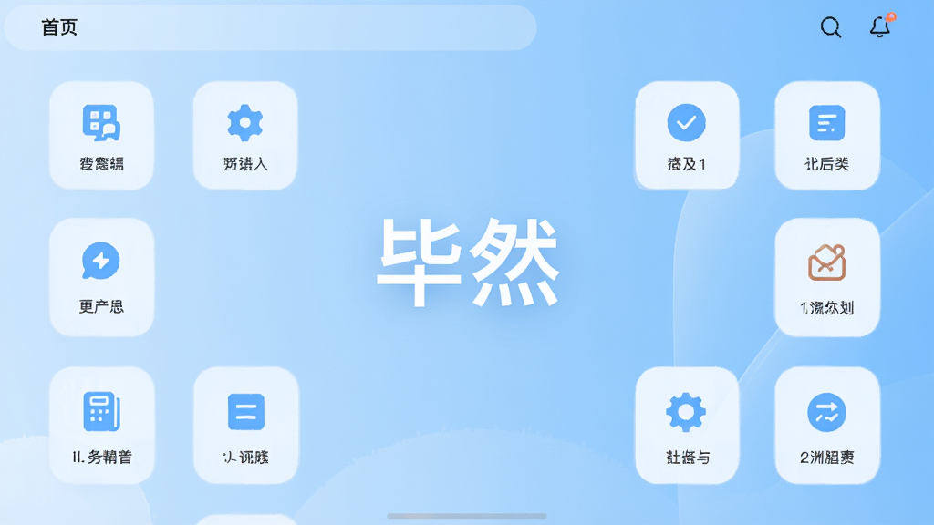 毕然应用主界面预览图,展示简洁明亮的UI设计,首页功能图标整齐排列,背景为浅蓝色渐变,中央显示“毕然”字样,整体风格现代简约,高清画质,干净无多余元素
