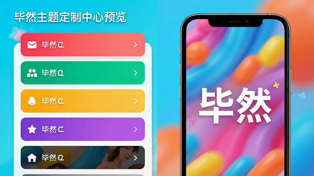 毕然主题定制中心预览,展示多种颜色主题切换界面,左侧为选项列表,右侧为实时预览手机屏幕,显示“毕然”字样,风格活泼,色彩鲜艳,画质细腻