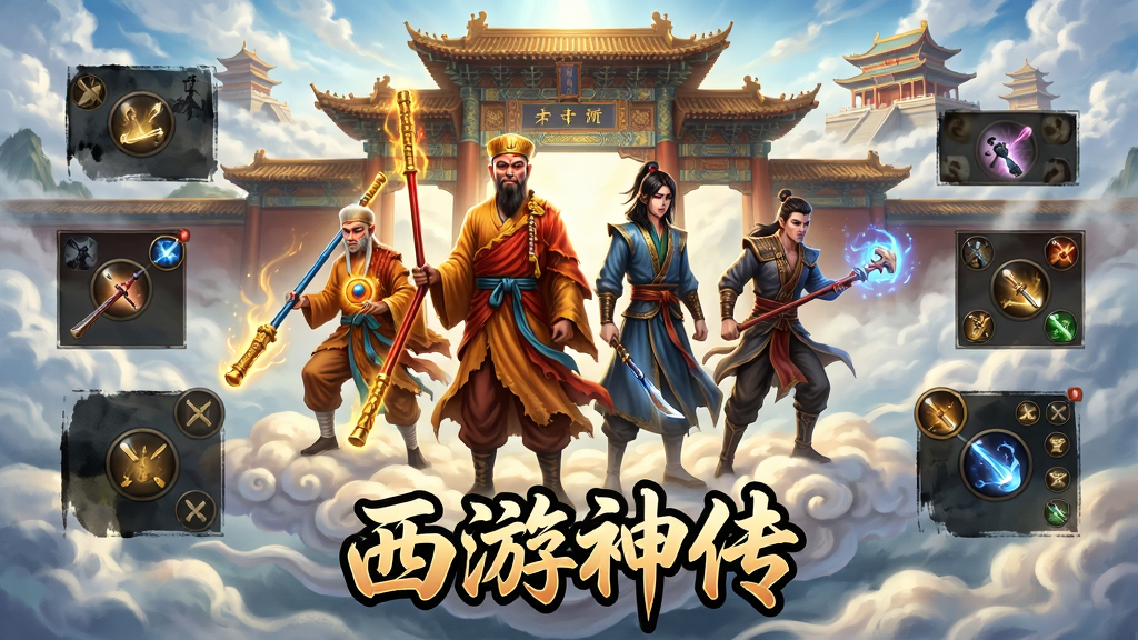 主体:西游神传游戏主视觉图,展示唐僧师徒四人加上主角站在祥云之上,背景是宏伟的南天门与云雾缭绕的天宫。布局:人物居中,前方有战斗界面UI元素,底部有游戏logo“西游神传”四个大字。排版:主体人物突出,UI界面环绕四周,logo居中下方。风格:国风水墨与写实结合,色彩鲜艳明亮,光影层次丰富。细节:人物服装纹理清晰,法宝特效绚丽,云雾有流动感,画面干净无多余元素。画质:8k超清,细节丰富,画面干净。
