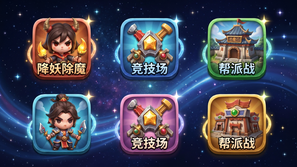主体:游戏玩法选择界面,展示“降妖除魔”、“竞技场”、“帮派战”等多个图标。布局:图标以网格形式排列,每个图标上有对应玩法的小插图,背景是动态的星空。排版:图标大小统一,色彩各异,整体活泼。风格:Q版与写实结合,图标立体感强,背景有流动光效。细节:每个图标上的角色或建筑都清晰可辨,光效闪烁,画面干净无多余元素。画质:高清,细节丰富,画面干净。