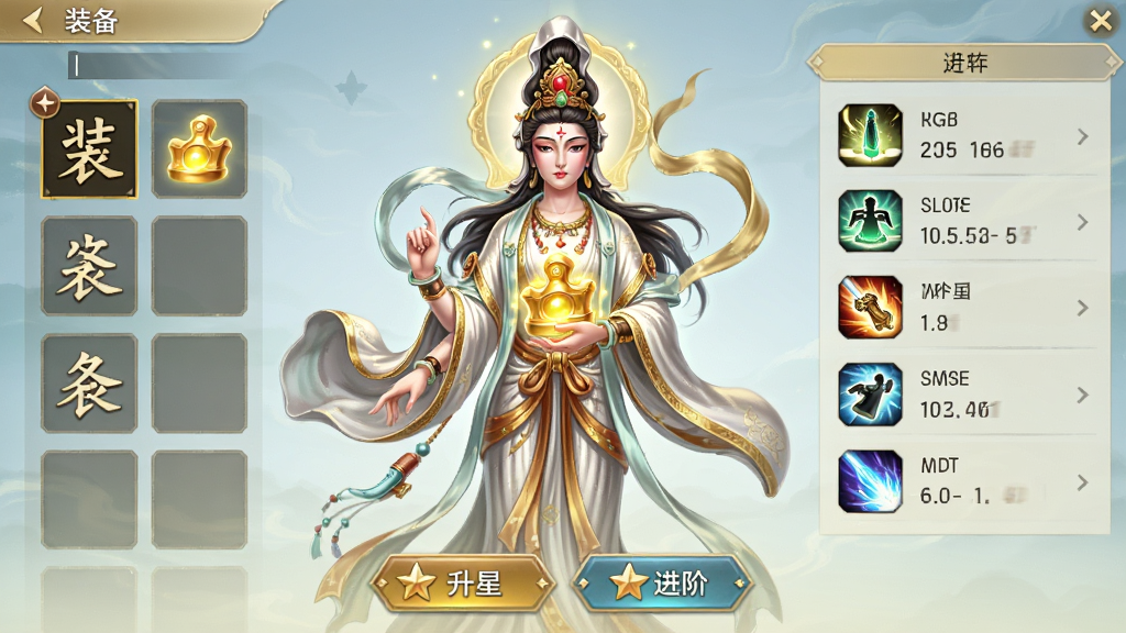 主体:游戏角色养成界面,展示一位女性角色(如观音菩萨)的立绘与属性面板。布局:角色立绘居中,左侧是装备栏,右侧是技能列表,下方是升星/进阶按钮。排版:界面简洁,信息层级分明,色彩以金色与淡蓝色为主。风格:唯美古风,角色绘制精细,光效柔和。细节:角色衣饰飘动,法宝光泽,面板数据清晰,画面干净无多余元素。画质:高清,细节丰富,画面干净。