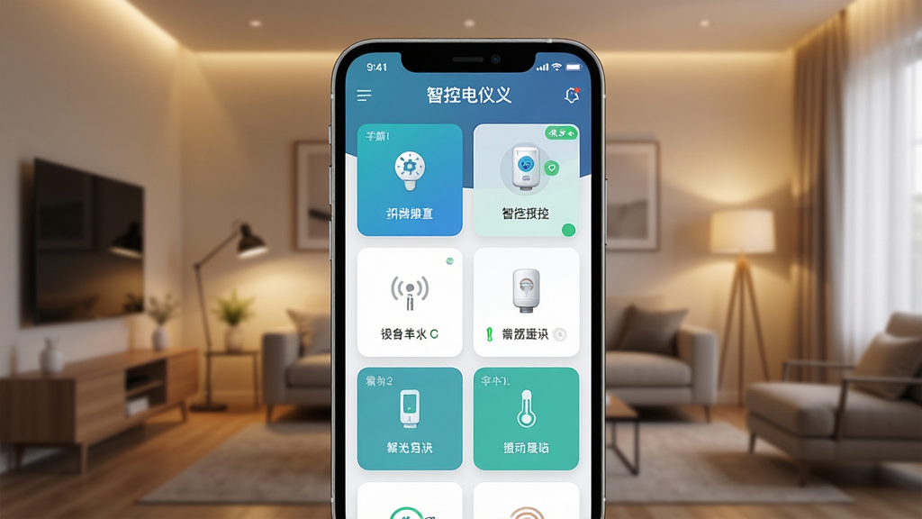 智控电仪app主界面展示,手机屏幕中显示多个设备控制卡片,背景为现代简约客厅,暖色调灯光,画面清晰,主体突出,布局层次分明,排版整洁,风格写实,细节丰富,画质高清,干净无多余元素