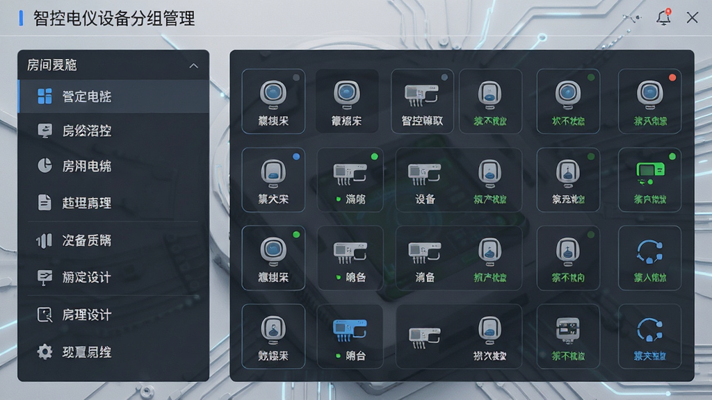 智控电仪设备分组管理界面,左侧为房间列表,右侧显示设备图标与状态,背景为浅灰色科技感纹理,布局清晰,排版规整,风格简约现代,细节丰富,画质干净