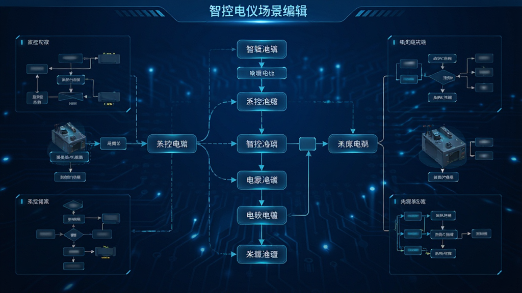 智控电仪场景编辑界面,显示多个自动化流程连线图,背景为深蓝色科技光效,主体为流程图节点,布局逻辑清晰,排版专业,风格科技感强,细节丰富,画质高清,干净无多余元素