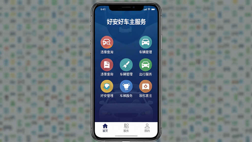 һ���ֻ���Ļչʾ���ð��ó������񡱵������棬����ɫ���䱳��������Ϊ��ɫӦ�����ơ��ð��ó������񡱣��м�������Υ�²�ѯ���������������з���Ȳ�ɫԲ��ͼ�꣬�·��С���ҳ���������񡱡����ҵġ�������ǩ�������������ִ���UI��ƾ��£������������ɾ��޶���Ԫ��