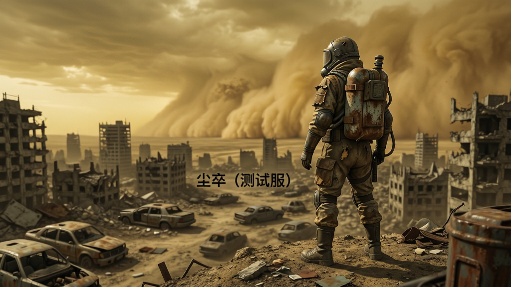 废土世界全景,一名身穿破旧防护服的“尘卒(测试服)”角色站在高岗上,俯瞰下方破败的城市废墟,远处有沙尘暴正在逼近,天空昏黄,地面散落着废弃的车辆和杂物,画面主体突出,布局以角色为中心,周围环境细节丰富,风格写实,色彩偏灰黄,画质高清,干净,无多余元素