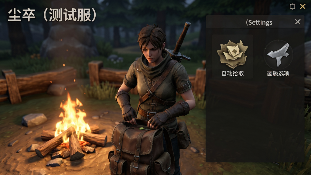 “尘卒(测试服)”新手玩家在篝火旁整理背包,画面显示游戏设置界面,有“自动拾取”和“画质选项”的图标,主体是角色与UI,布局清晰,风格写实,细节丰富,画质干净,无多余元素