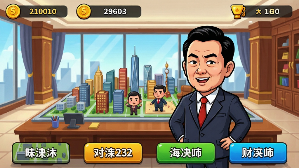 许家印模拟器游戏主界面,一位卡通风格的商人角色站在豪华办公室中央,背景是巨大的城市沙盘,界面布局简洁,上方有金币和声望数值,下方有决策按钮,风格偏向搞笑漫画,色彩明亮,细节丰富,画质干净清晰,无多余元素