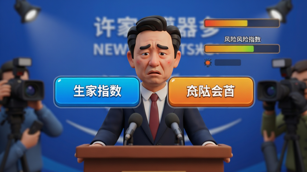 许家印模拟器决策界面,屏幕中央弹出两个选项按钮,背景是模糊的新闻发布会现场,主角站在讲台后面露难色,界面风格简洁,带有风险指数条,卡通渲染,色彩对比强烈,细节到位,画质干净,无多余元素