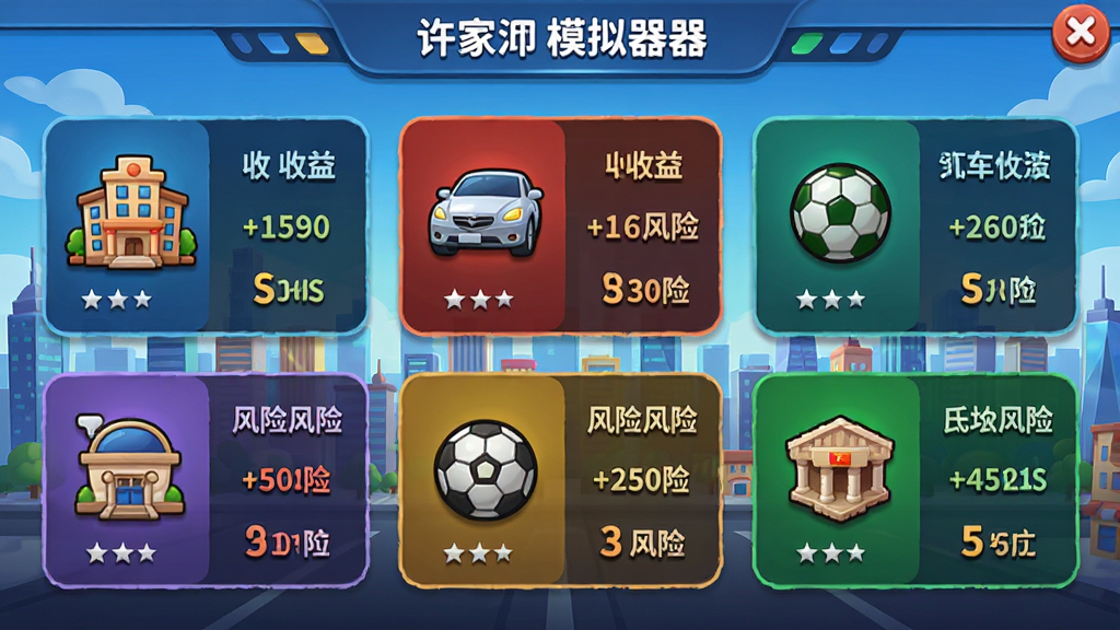 许家印模拟器经营面板,展示多个商业项目图标,包括房产、汽车、足球俱乐部等,每个项目有收益和风险数值,界面采用仪表盘风格,背景是城市天际线,卡通风格,色彩明亮,布局规整,画质清晰,无多余元素