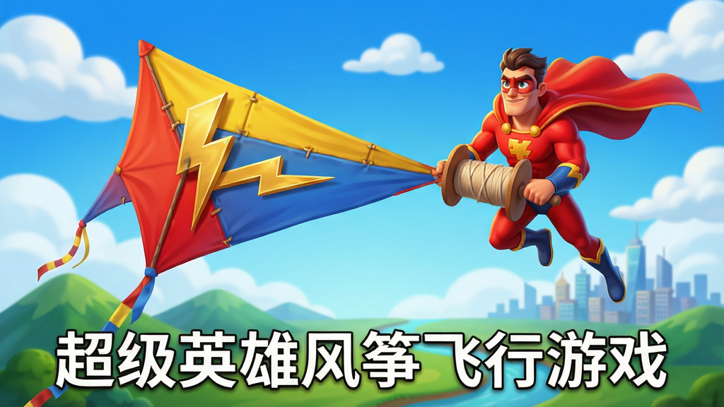 画面中心一位身穿红色战袍的超级英雄双手紧握巨型三角风筝的线轴,在湛蓝天空中翱翔,身后是洁白的云朵和隐约可见的城市天际线。英雄披风随风飘扬,风筝以鲜艳的红黄蓝三色拼接,带有金色闪电图案。画面下方是翠绿的山丘和蜿蜒的河流。整体布局采用黄金分割,主体英雄位于右上三分之一处。风格为高清卡通渲染,细节丰富,光影柔和。画质呈现4K细腻质感,色彩明快,干净无多余元素。图片中需出现文字“超级英雄风筝飞行游戏”。