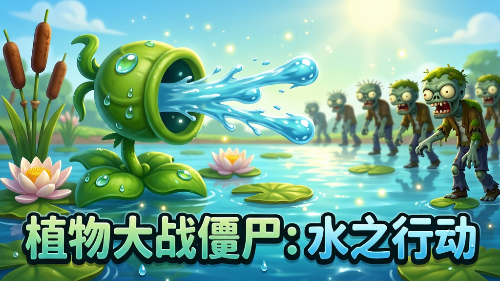 主体:《植物大战僵尸:水之行动》游戏主视觉图,一株巨大的水生喷射植物在画面中央喷射水弹,周围环绕着睡莲叶与香蒲,背景是阳光明媚的池塘与远处模糊的僵尸群剪影。布局:植物占据画面中心偏左,右侧留有僵尸进攻的通道,水面波光粼粼,阳光粒子点缀其间。排版:画面下方三分之一处有游戏标题“植物大战僵尸:水之行动”的艺术字,字体圆润有力,带有水珠特效。风格:明亮清新的卡通渲染风格,色彩饱和度高,水体通透。细节:植物叶片上有晶莹的水珠,僵尸身上有湿润的苔藓,水面上漂浮着几片荷叶。画质:4K高清,细节丰富,干净,无多余元素。