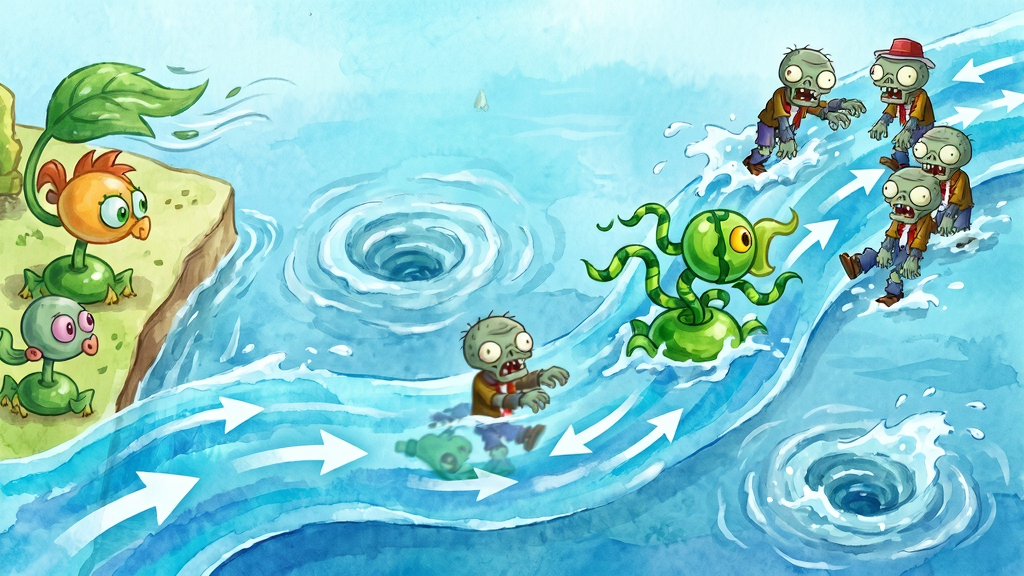 主体:《植物大战僵尸:水之行动》洋流玩法演示,一道蓝色半透明的洋流从画面左下角涌向右上角,几个僵尸被水流冲得东倒西歪,一株“缠绕水草”顺着洋流漂向僵尸群。布局:洋流曲线贯穿画面,植物在左侧岸边,僵尸在洋流中挣扎。排版:洋流路径上有白色的水流方向箭头指示。风格:清新水彩风格,强调水的流动感。细节:水面有漩涡和浪花,植物叶片被风吹动。画质:高清,画面干净,无多余元素。