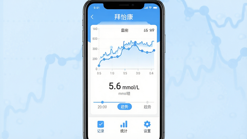 ��������չʾ����������APP�����棬����Ϊǳ��ɫ���䣬�ֻ���Ļ����ʾѪ������ͼ����ǰѪ����ֵ��5.6 mmol/L����ʱ����͡����ơ���ǩ���·��С���¼����ͳ�ơ������á�����ͼ�꣬���岼�ּ���ִ���UI����ƽ������ɫ����ɫ�Ͱ�ɫΪ�������ʸ��壬�ɾ��޶���Ԫ��