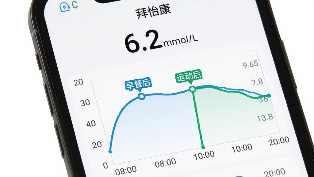 �ֻ���Ļ��ʾ����������ʵʱѪ�Ǽ����棬������ʾ��ǰѪ��ֵ��6.2 mmol/L�����·�Ϊ����ͼ������Ϊʱ�䣨08:00-20:00��������ΪѪ��ֵ������ƽ����ͼ�ϱ�ע����ͺ󡱺͡��˶��������¼��㣬����Ϊ��ɫ��UI����࣬��ɫ����ɫ�������䣬�����������޶���Ԫ��