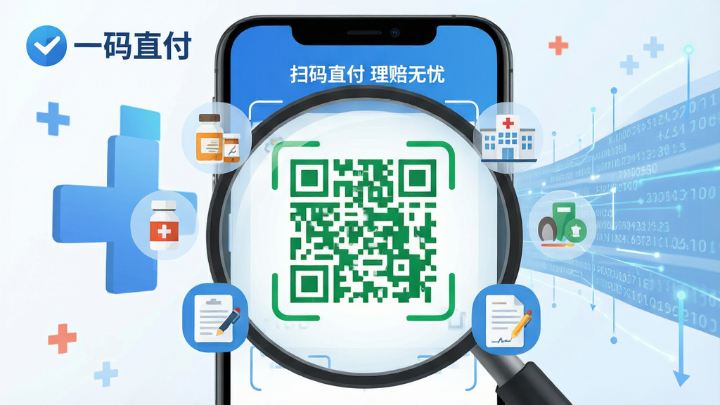 һ��չʾ��һ��ֱ����APP���Ĺ��ܵ����������������������ֻ���Ļ�Ŵ���棬����������һ����Ŀ����ɫ��ά�룬��Χ����ҩƷ��ҽԺ�����յ���ͼ�꣬����Ϊҽ��ʮ���������������������Ű����ִ�������������ɫ��������ƽ����ϸ�ڰ�����һ��ֱ����logo�롰ɨ��ֱ�� �������ǡ����������ʸ���ɾ����޶���Ԫ�ء�