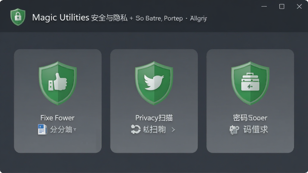 Magic Utilities ��ȫ����˽�������ܽ��棬չʾ�ļ����顢��˽ɨ�衢�������ģ�飬���������أ�ʹ����ɫ����ͼ����Ϊ��ȫ��ʶ�����ʸɾ����޶���Ԫ��