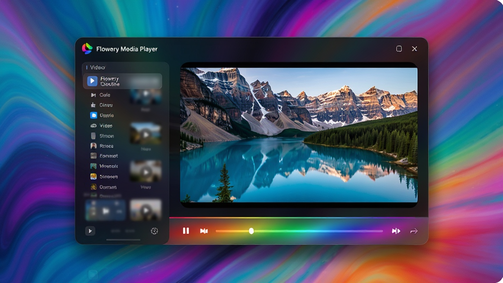 画面主体为炫彩新视听(Flowery Media Player)的播放器主界面,悬浮在色彩斑斓的抽象动态背景之上,界面采用深色玻璃拟态风格,主窗口中央显示一部高清自然风光视频画面,底部控制栏带有流光溢彩的渐变效果,播放进度条呈现彩虹色渐变,左侧有透明的歌曲列表与视频库面板,布局清晰,排版简洁,整体风格未来感与科技感并存,细节丰富,画质细腻,干净无多余元素